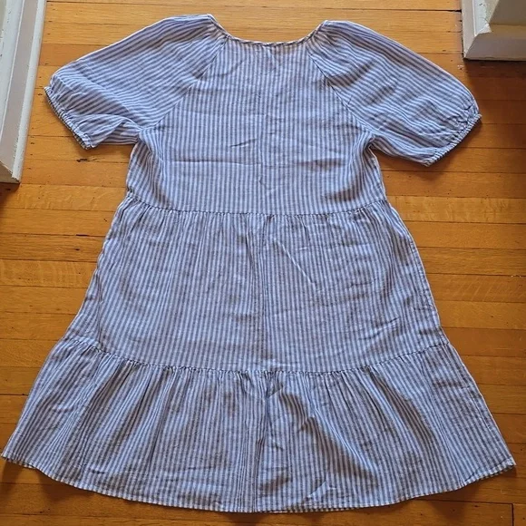 Beach Lunch Lounge, Luca Linen A-Line Prairie Dress, Striped Puff Sleeve, Size L - Picture 2 of 12